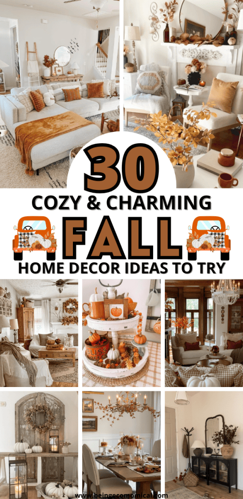 A collage of cozy and charming fall home decor ideas, featuring warm textures, seasonal accents like pumpkins and autumn leaves, inviting living spaces, and stylish arrangements that capture the essence of fall.