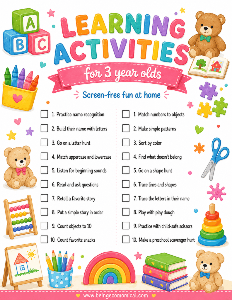 Printable learning activities checklist for 3-year-olds with 20 screen-free preschool activities to try at home