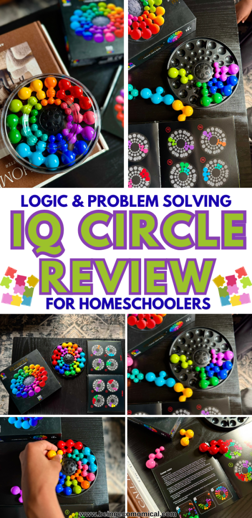 Pinterest graphic featuring SmartGames IQ Circle, a colorful logic puzzle game with 120 challenges for homeschoolers, teens, and families.