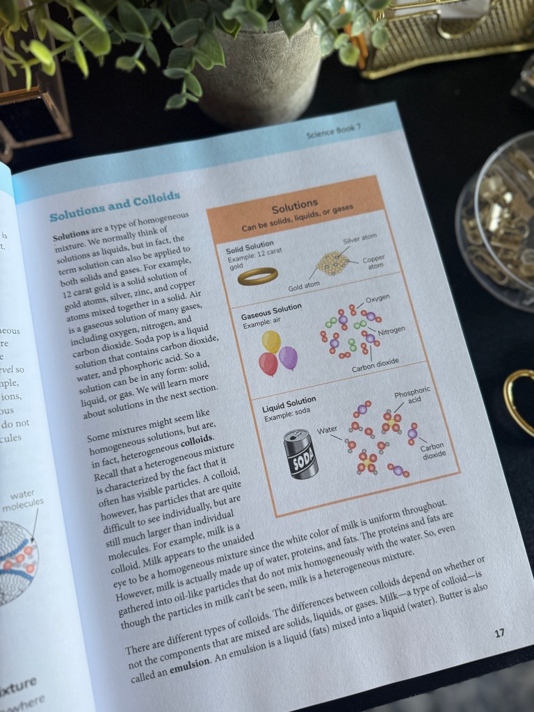 A page from Real Science 4 Kids Book 7 focusing on 'Solutions and Colloids' with colorful illustrations explaining different solutions including solid, gaseous, and liquid solutions, alongside examples and diagrams.
