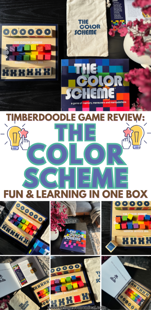 A flat lay image of 'The Color Scheme' board game components, including colorful wooden blocks, code cubes, a canvas storage pouch, and the game box, designed for a vibrant and engaging gameplay experience.
