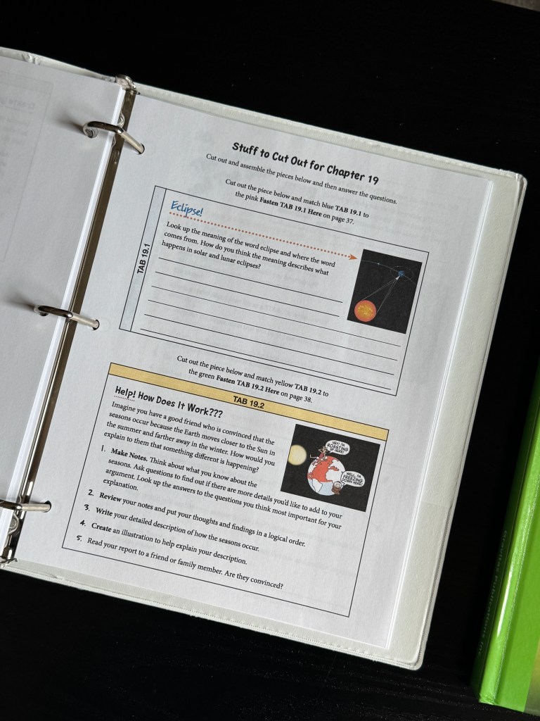 A close-up of a workbook page for Chapter 19 of Real Science 4 Kids Book 5, featuring cut-out activity instructions about eclipses and seasons, with space for notes and illustrations.