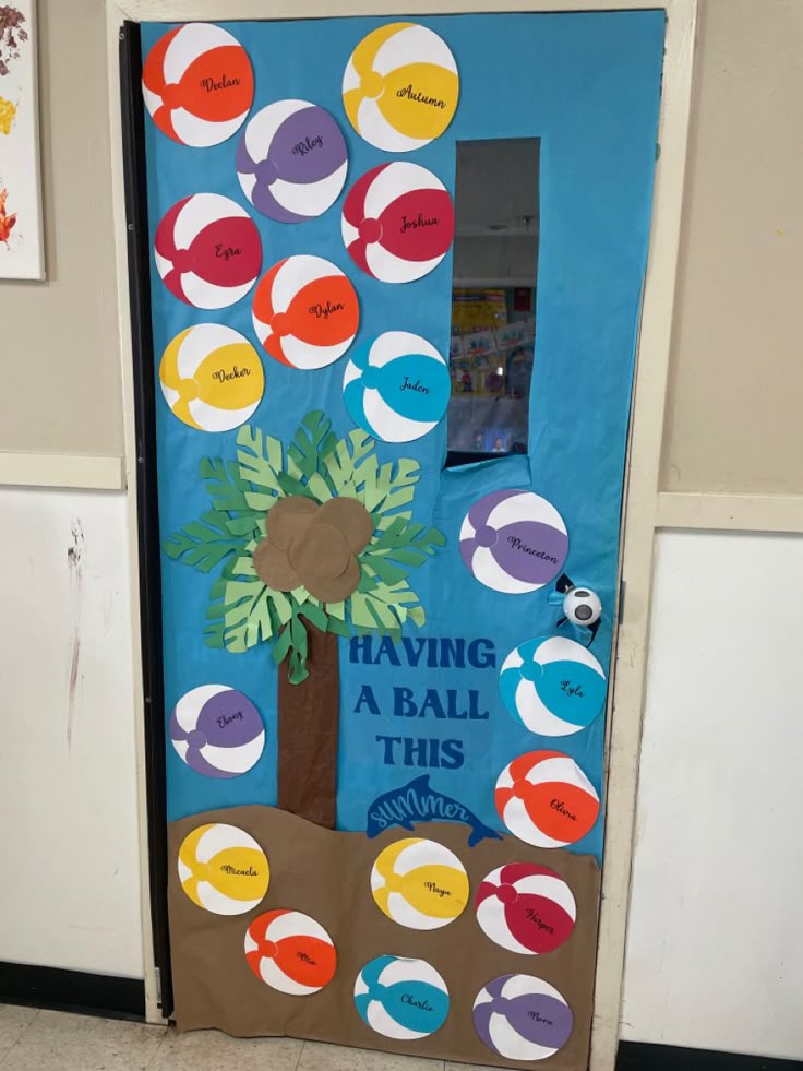fun beach classroom door with colorful beach balls