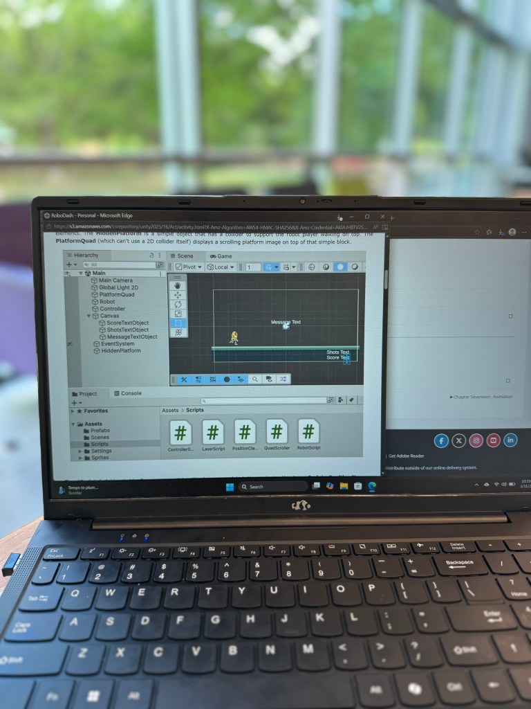 Unity editor showing 2D platform game setup in the CompuScholar course