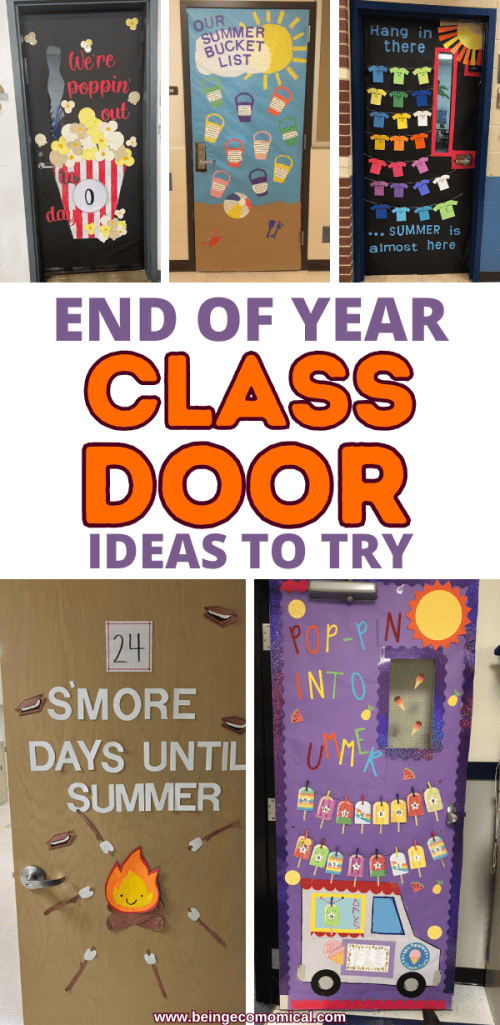 A collage of four classroom doors decorated with end-of-year and summer themes, featuring popcorn, a summer bucket list, a countdown to summer, and a playful ice cream truck design.