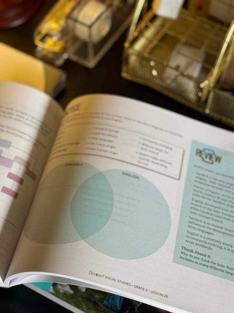 Open page of a social studies textbook showing a Venn diagram comparing Sanskrit and English, with text outlining lesson objectives and prompts for review.