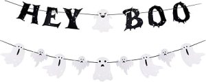 A 'Hey Boo' garland featuring black letters and small ghost decorations, perfect for Halloween décor.