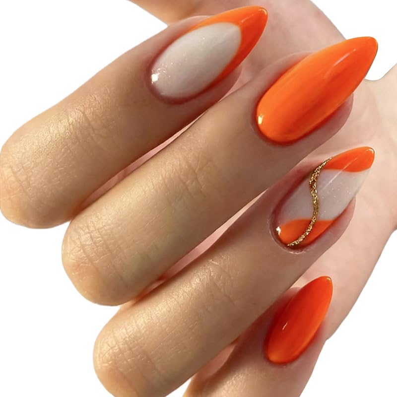 Almond nails with orange abstract swirls and thin gold accent detail