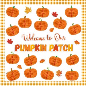 Colorful illustration of pumpkins surrounded by autumn leaves with the text 'Welcome to Our PUMPKIN PATCH' in a playful font.