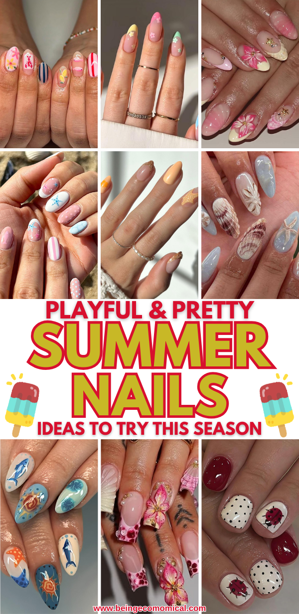 Collage of various summer nail designs featuring florals, stripes, polka dots, seashells, and marine motifs with text Playful & Pretty Summer Nails Ideas to Try This Season