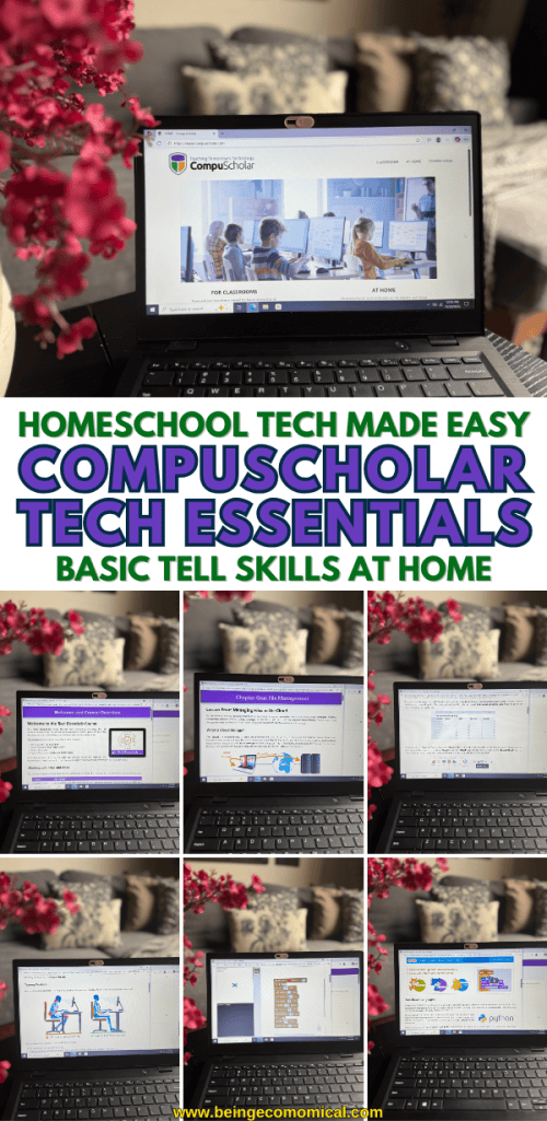 A laptop on a table displaying the CompuScholar Tech Essentials course webpage, surrounded by decorative flowers.