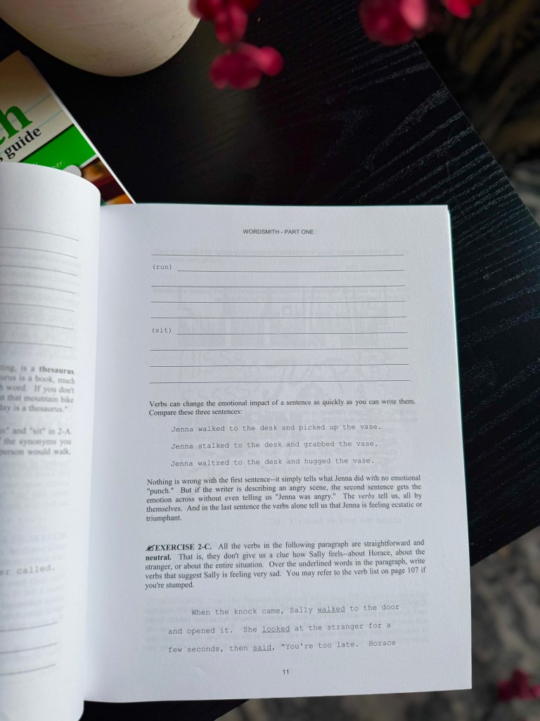 An open book on a black table featuring a page from a writing exercise about verbs, with handwritten annotations and a nearby potted plant.