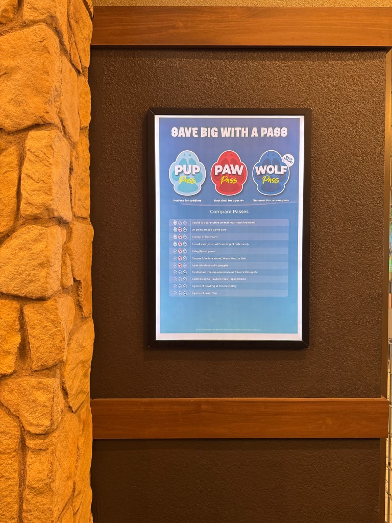 sign at Great Wolf Lodge Grapevine, Texas with Pup Pass, Paw Pass and Wolf Pass comparison chart 