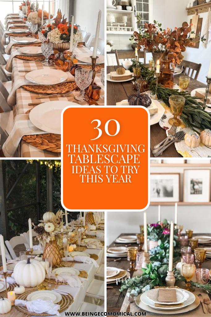 A collage of beautifully styled Thanksgiving tablescapes showcasing various themes, decorations, and color palettes, featuring centerpieces with flowers, pumpkins, and elegant table settings.