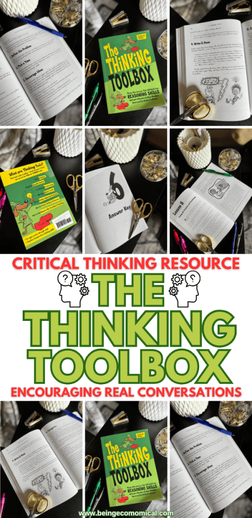 A collage of images featuring the book 'The Thinking Toolbox' open to various pages, showcasing its content and activities designed to promote critical thinking and conversation.