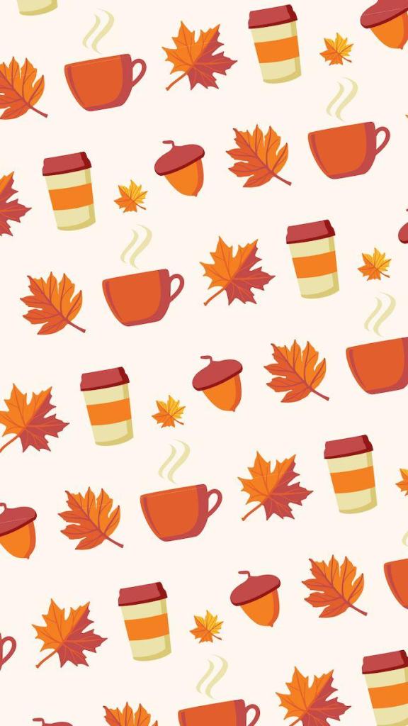 A whimsical fall-themed wallpaper design featuring orange and yellow leaves, coffee cups, and acorns on a light background, evoking cozy autumn vibes.