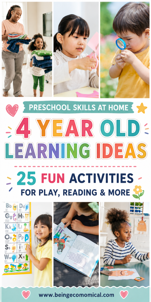 Colorful Pinterest graphic with fun learning activities for 4 year olds and easy low-prep preschool ideas to try at home.