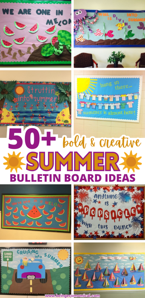 Colorful bulletin board displays featuring summer themes, including watermelons, popsicles, and tropical decorations.