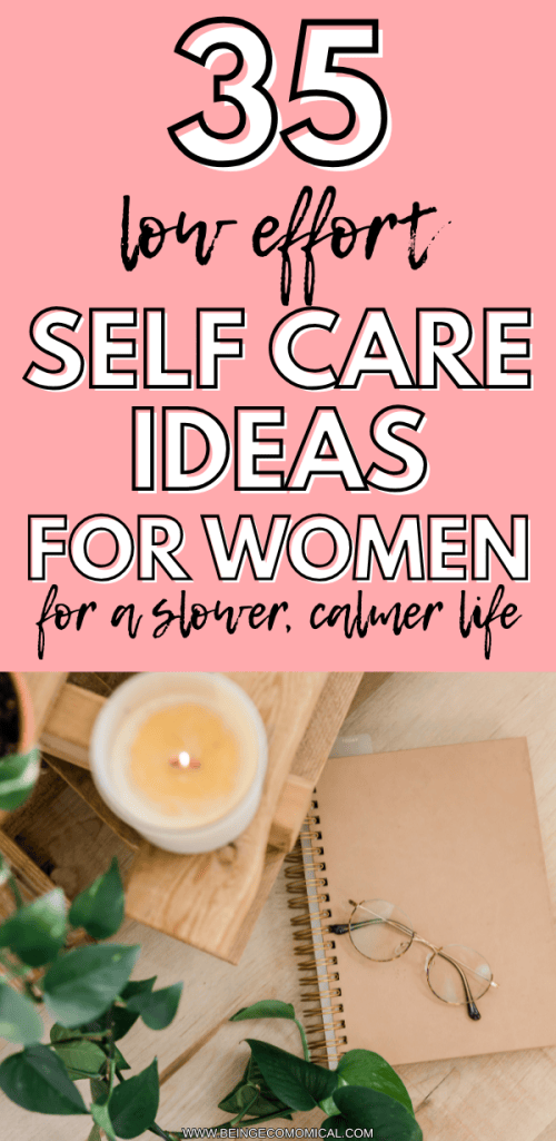 A flat lay image featuring a candle, a notebook, and reading glasses on a table, with greenery in the foreground and a pink background with text about self-care ideas.
