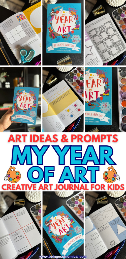 A colorful art journal titled 'My Year of Art' with illustrations and prompts, surrounded by art supplies like markers, watercolor paints, and scissors.