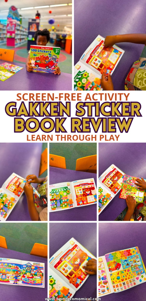 Pinterest collage featuring a toddler holding the Gakken 500 Stickers Outdoor Adventures book and completing colorful sticker activities that encourage hands-on learning and fine motor skills.