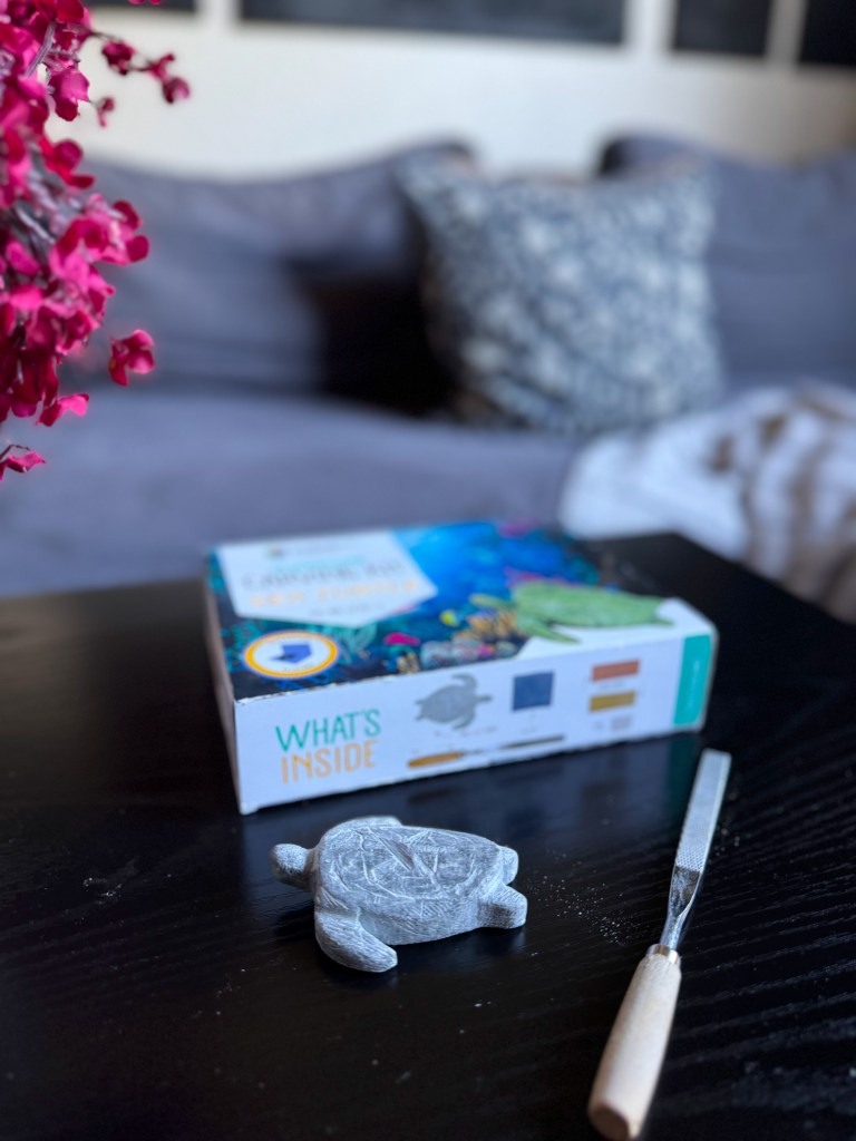 A box labeled 'What's Inside' with a turtle-shaped object and a small tool on a black table, alongside pink flowers in the foreground.