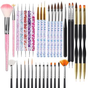A collection of various nail art brushes and tools arranged neatly, showing different sizes and shapes for detailed nail designs.