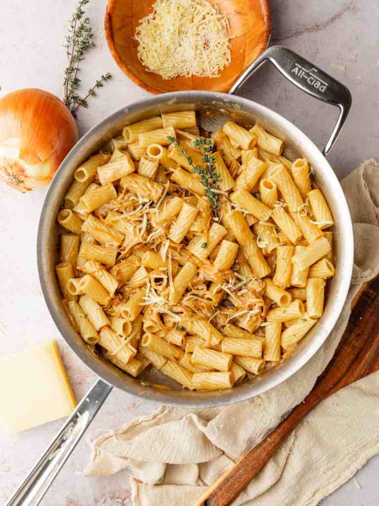Creamy French onion pasta with caramelized onions and melted cheese for a cozy meal