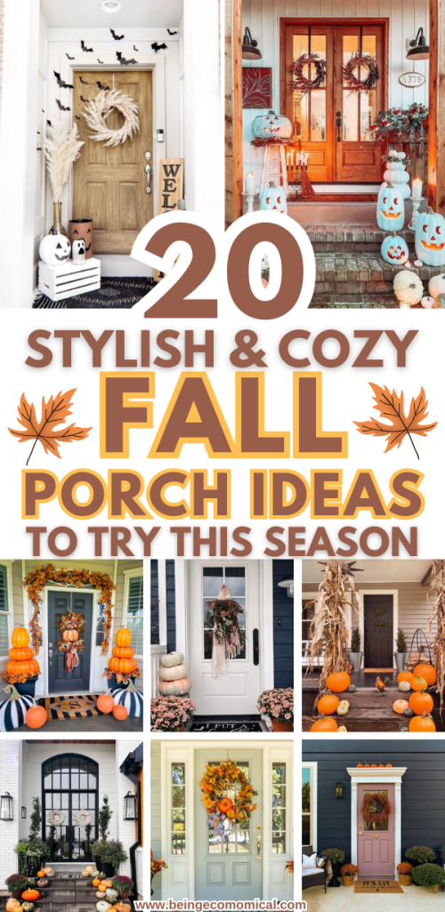 A vibrant collage of cozy fall porch ideas showcasing various decorated doors, pumpkins, and autumnal elements, highlighting the seasonal charm.