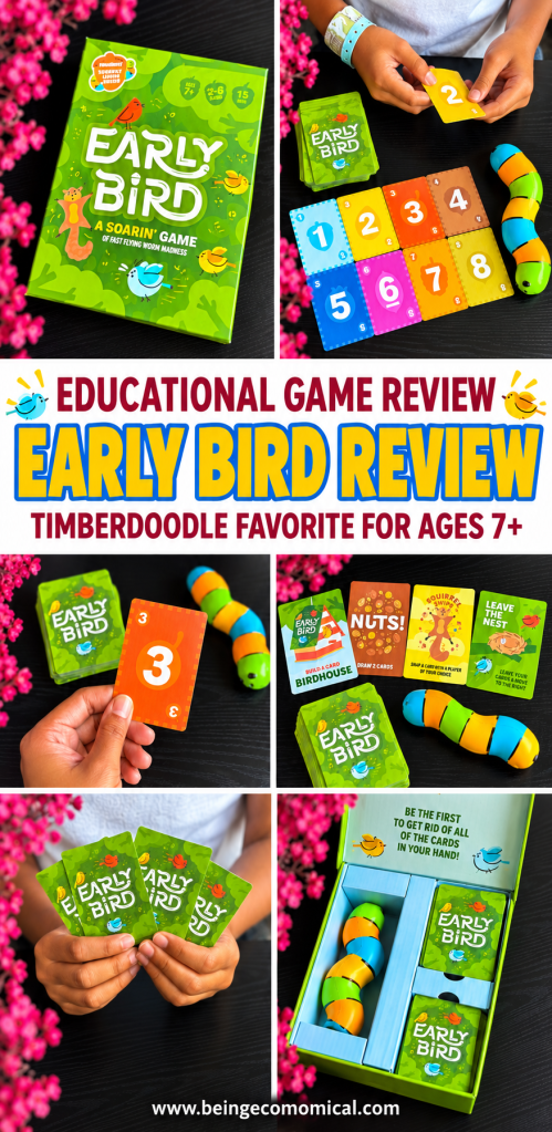 Long Pinterest pin for an Early Bird review featuring game box, cards, gameplay, and Timberdoodle favorite text