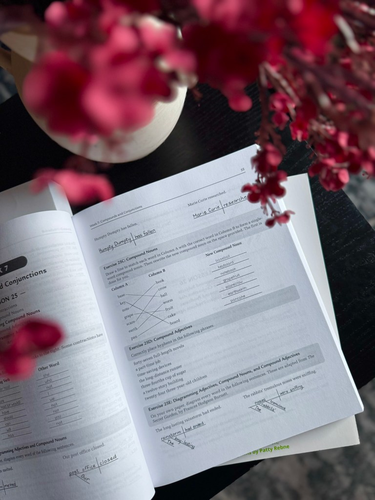 A close-up view of a page from an educational workbook featuring exercises on compound nouns and adjectives, with handwritten notes and corrections, alongside a floral arrangement in a vase.
