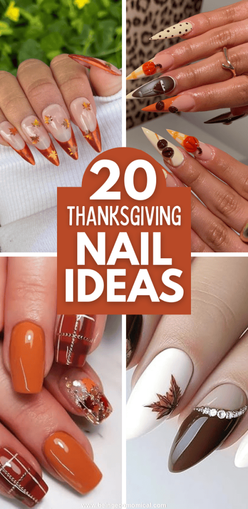 A collage of Thanksgiving nail designs showcasing various styles, including autumn colors, seasonal accents like pumpkins and leaves, and elegant embellishments, with the text '20 Thanksgiving Nail Ideas' prominently displayed in the center.