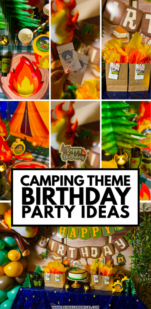 Toddler camping birthday party table setup with pretend campfire decor, lanterns, and woodland-inspired party supplies.