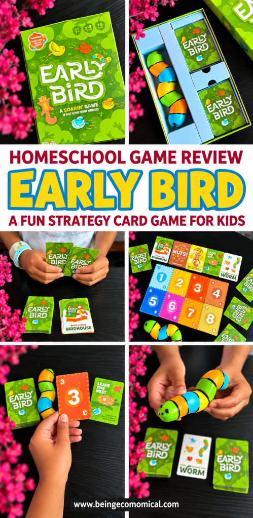 Pinterest graphic featuring Early Bird gameplay with the text Homeschool Game Review: Early Bird, a Fun Strategy Card Game for Kids