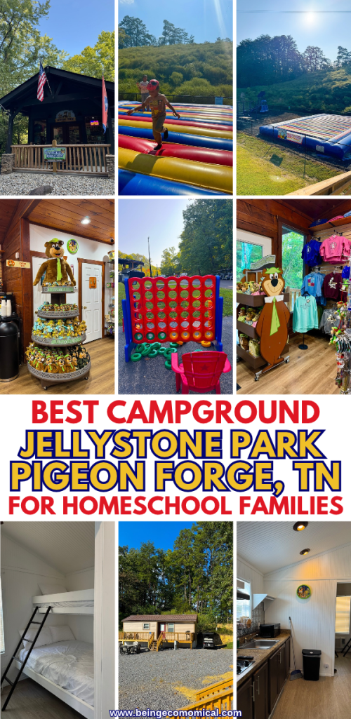 Pinterest pin featuring Jellystone Park Pigeon Forge with Yogi Bear, the fishing pond, Ranger Station, General Store, and family-friendly campground activities