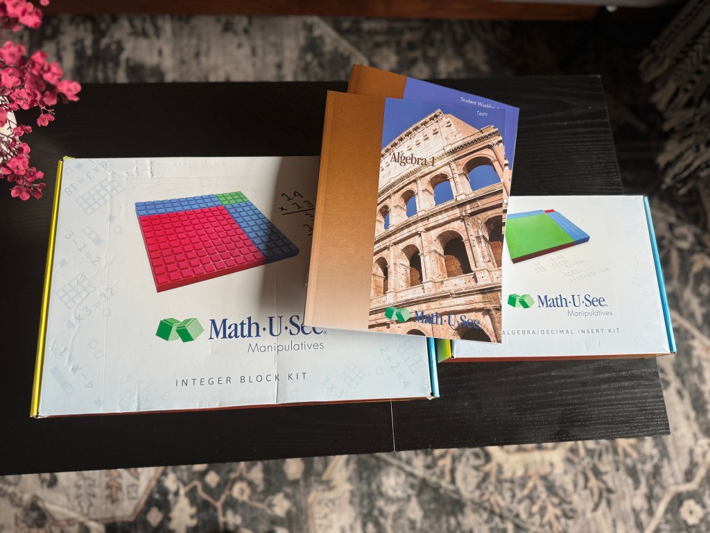 An image of Math-U-See Algebra 1 curriculum materials, including the Integer Block Kit and the student workbook, displayed on a dark wooden surface.