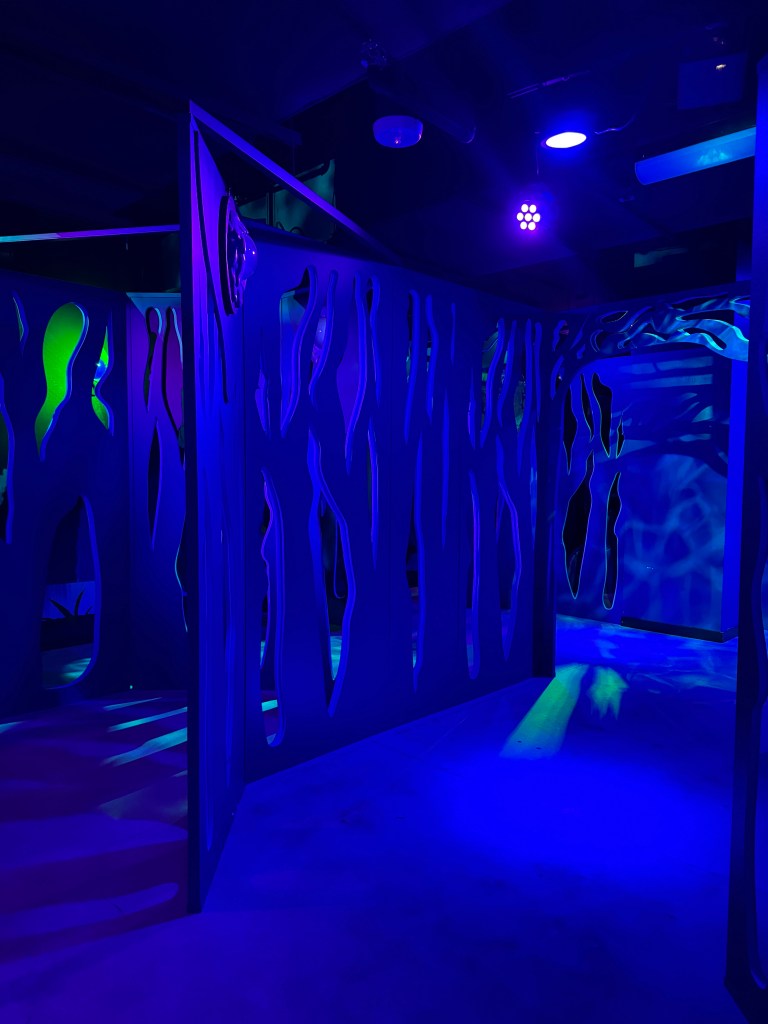 Laser Trail maze at Great Wolf Lodge Grapevine illuminated with blue and purple black lights.