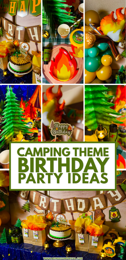 Camping themed birthday party table with campfire plates, log placemats, lanterns, pine trees, and a tent backdrop.