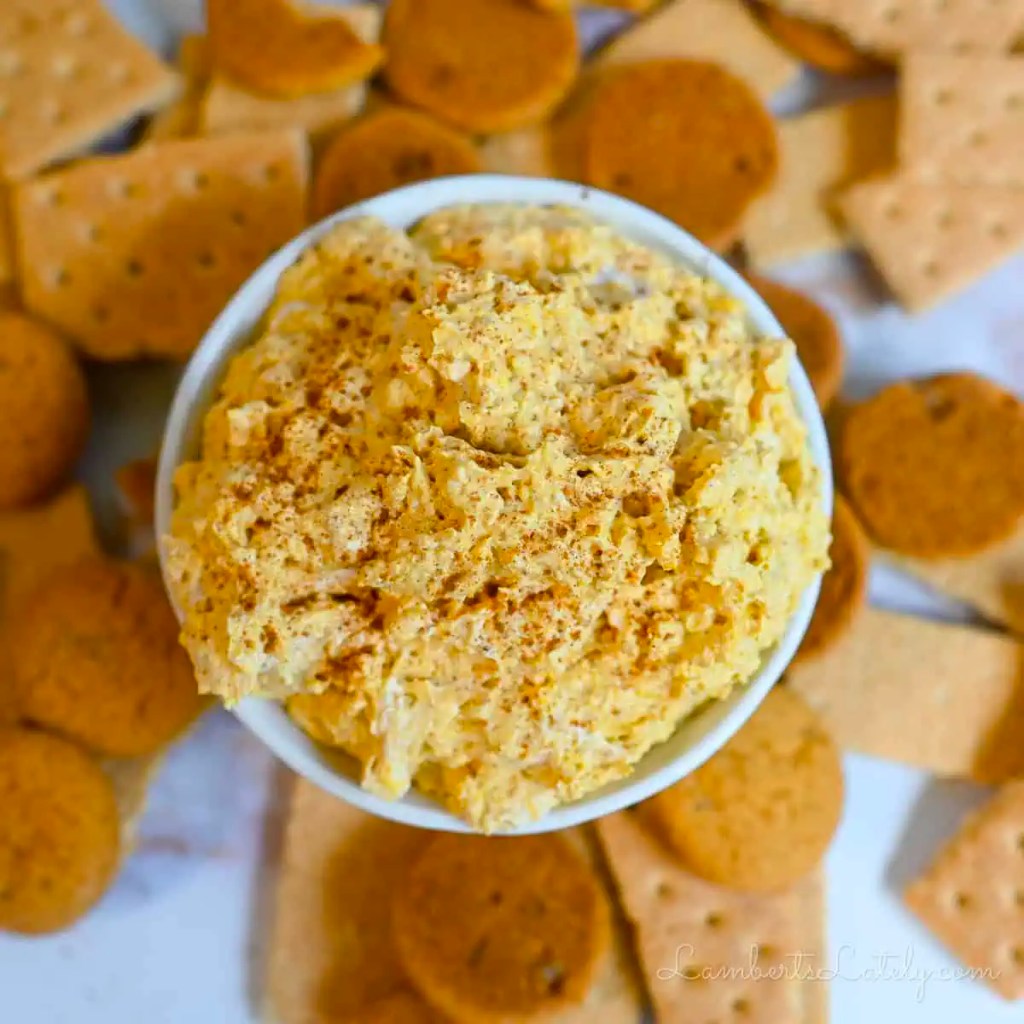 A bowl of pumpkin fluff dip topped with a sprinkle of cinnamon, surrounded by various cookie and cracker pieces for dipping.