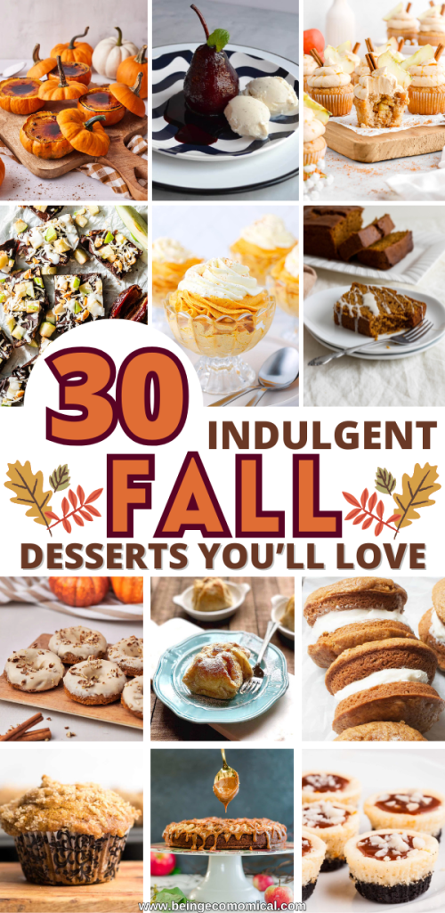 A collage of delicious fall desserts including pumpkin treats, apple desserts, and sweet pastries, showcasing a range of indulgent options for the autumn season.