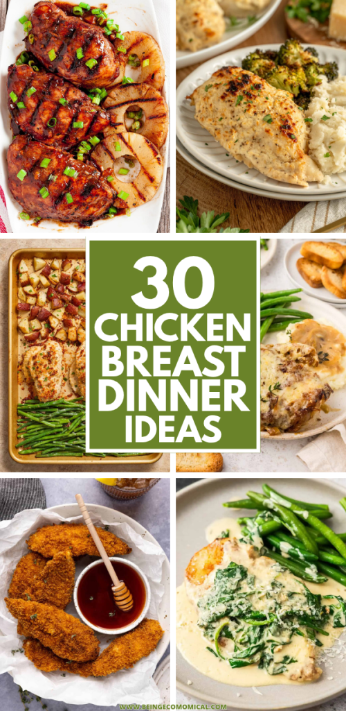 A collage of six different chicken breast dishes, showcasing various recipes. The top left features glazed chicken thighs, the top right shows baked chicken with broccoli and rice, the center displays a tray with chicken and green beans, the bottom left has crispy chicken tenders with a dipping sauce, and the bottom right features a creamy chicken dish with green beans.