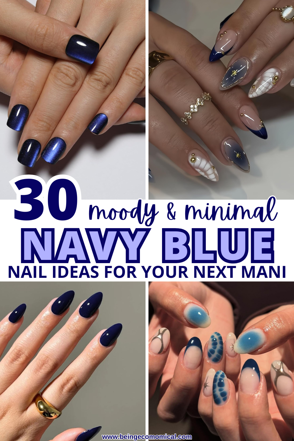 Collage of navy blue nail designs showcasing glossy, ombre, accent patterns, and almond shapes.