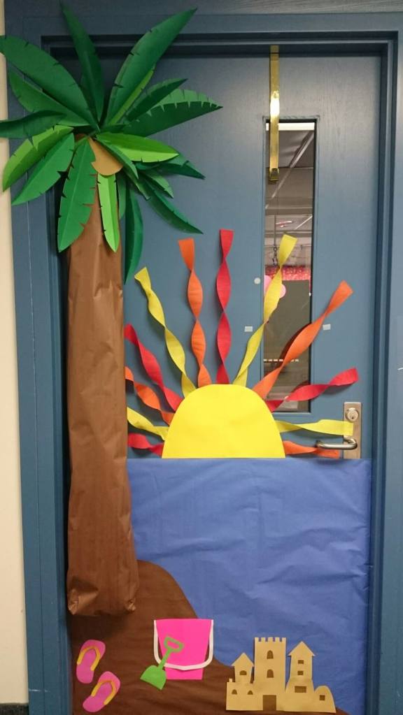 ocean sunset beach classroom door with palm trees and colorful sky