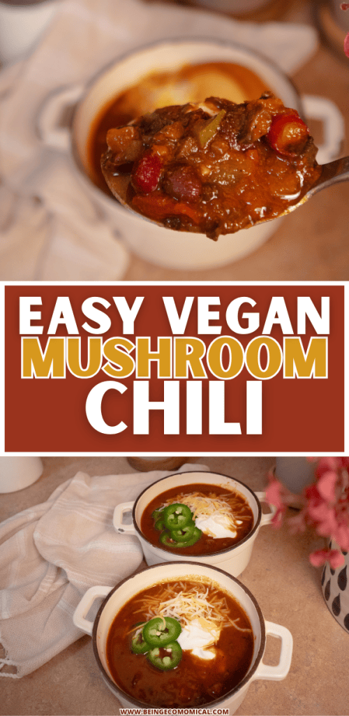 A close-up view of a spoonful of easy vegan mushroom chili, highlighting the rich mixture of mushrooms, beans, and tomatoes.