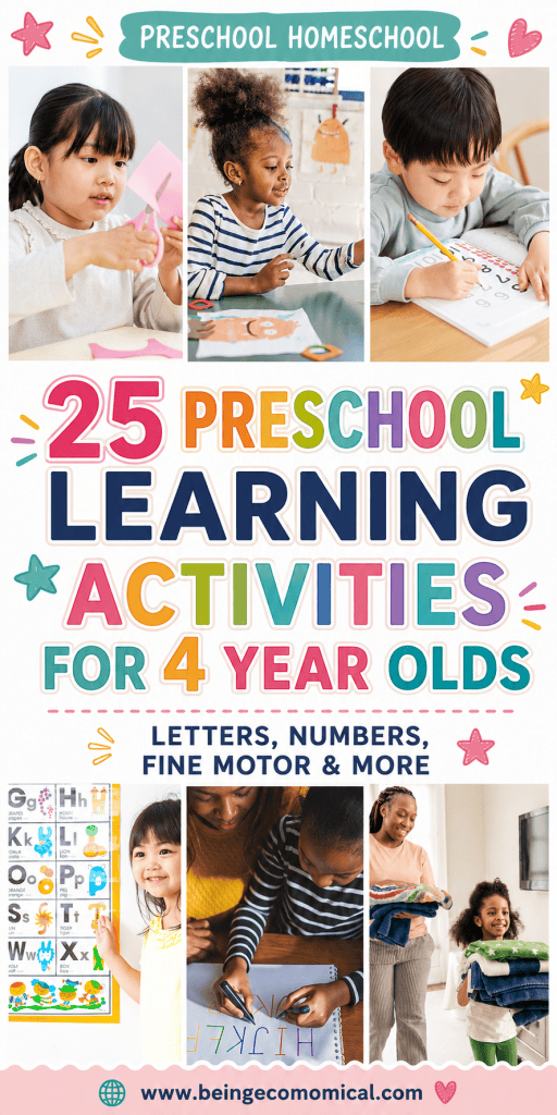 Pinterest pin featuring 25 learning activities for 4 year olds with hands-on preschool ideas for play-based learning.