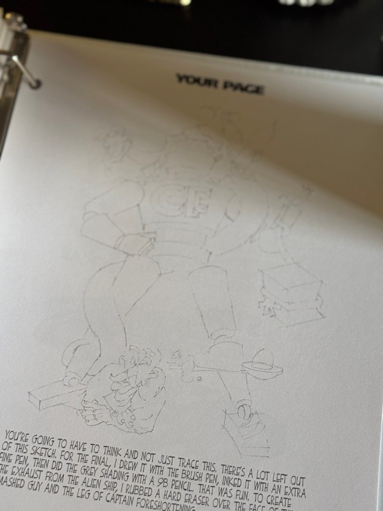 A partially completed drawing of a character labeled 'Captain Foreshortening' in a binder, with instructions and commentary on the drawing process.