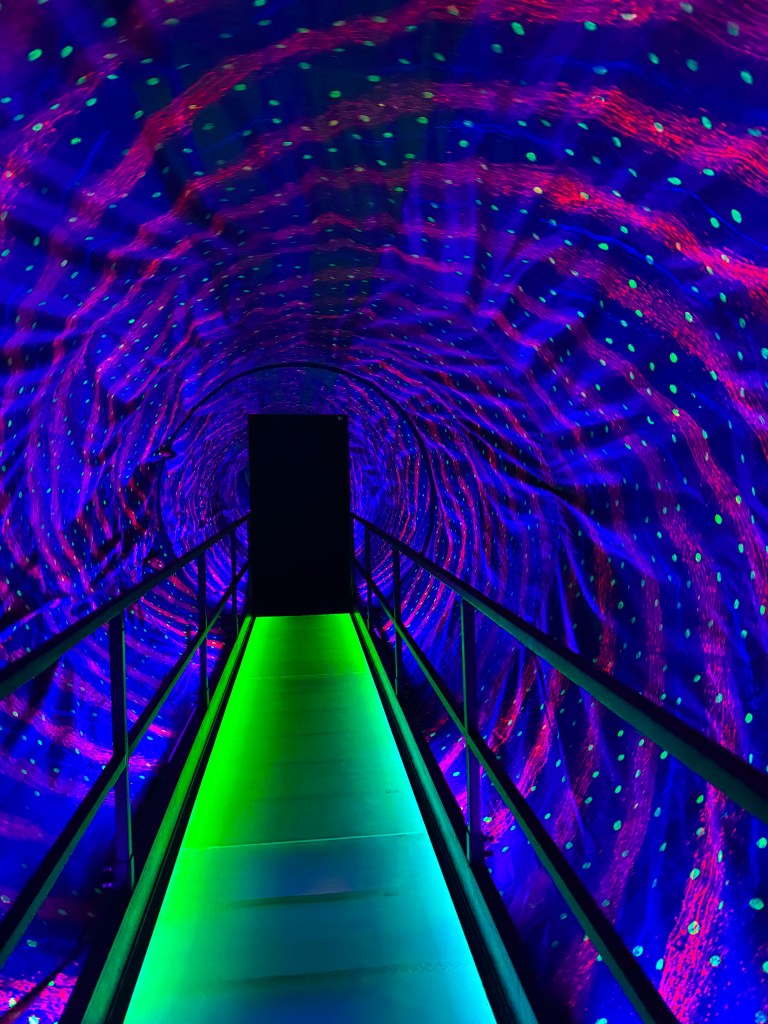 A brightly colored tunnel with swirling purple and blue patterns, featuring a green illuminated pathway leading toward a dark doorway.