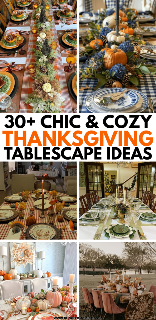 A collection of beautifully styled Thanksgiving tablescapes featuring festive decor, including pumpkins, autumn colors, and elegant table settings, showcasing various themes and designs.