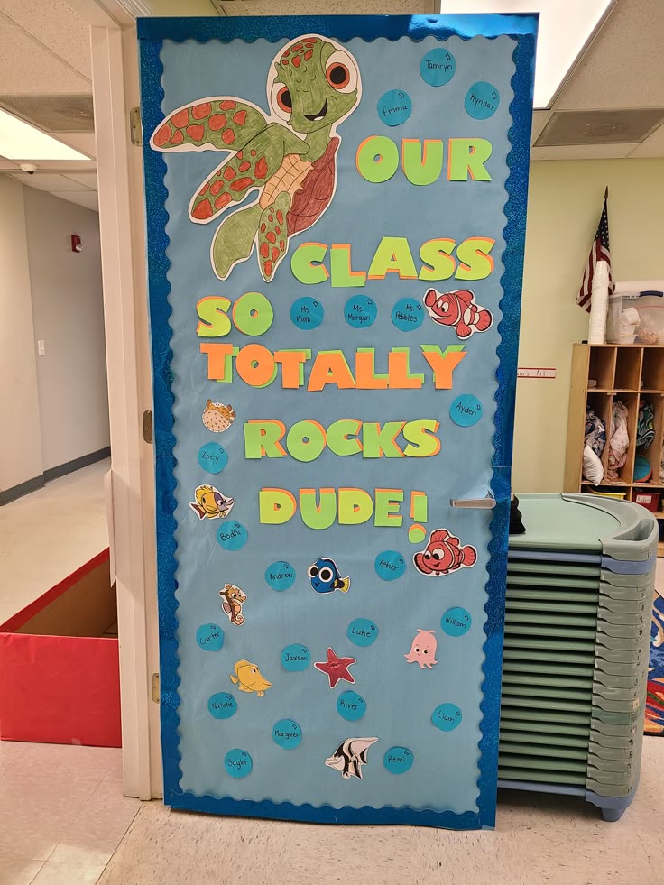 under the sea classroom door with ocean animals and blue water theme