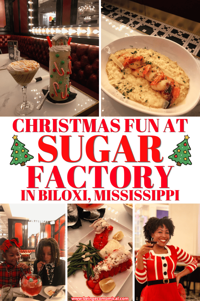 Christmas at Sugar Factory Biloxi in Biloxi, Mississippi featuring the holiday milkshake, festive drinks, seafood entrées, and a fun family-friendly restaurant for Christmas on the Mississippi Gulf Coast.